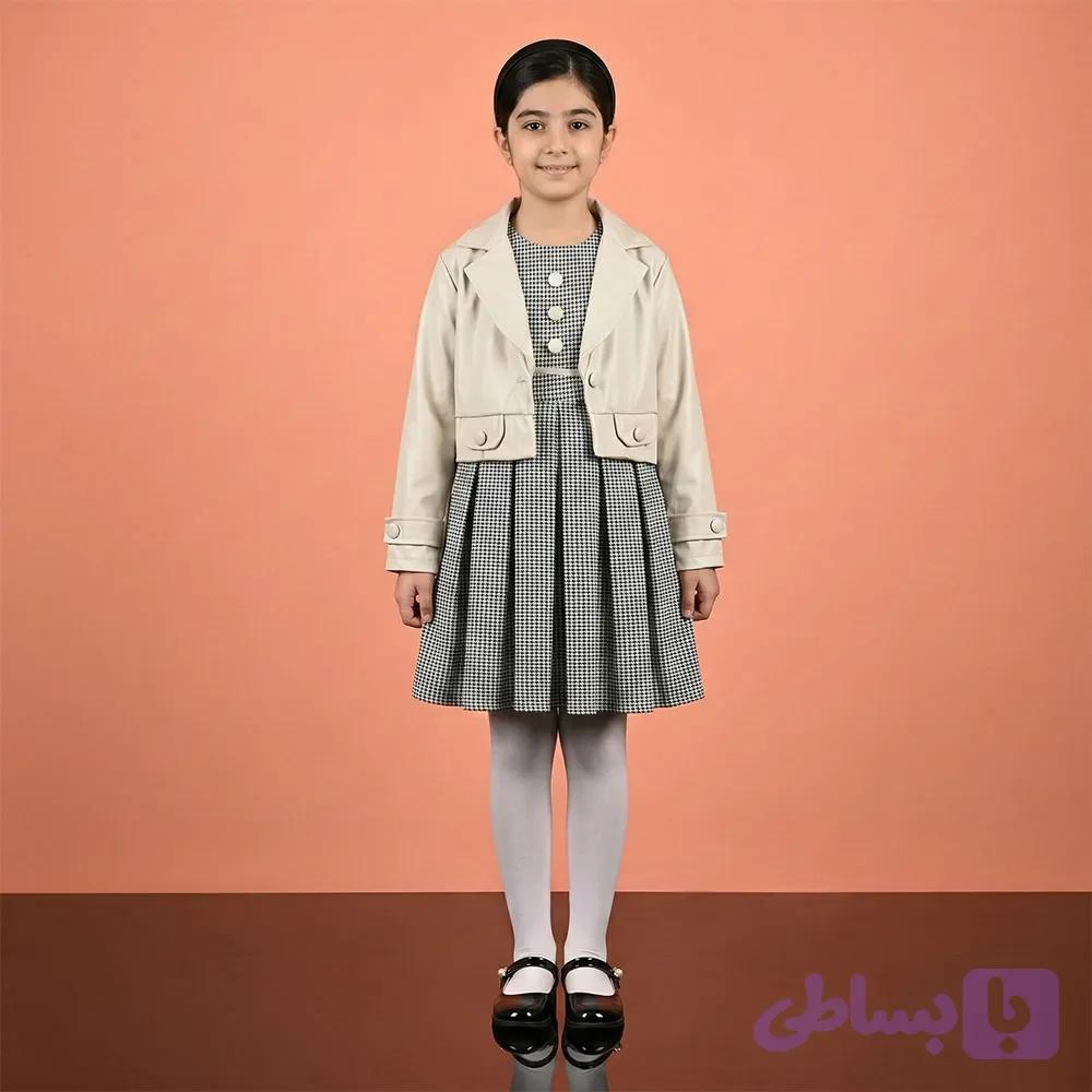 ست کت چرم مصنوعی و سارافون کتان دخترانه رنگ کرم