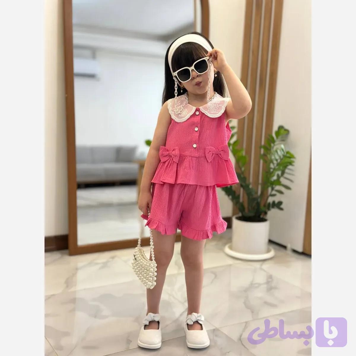 ست دو تکه تابستانه دخترانه تاپ و شلوارک جنس اطلس سایز 1 تا 7 سال رنگ صورتی و سبز