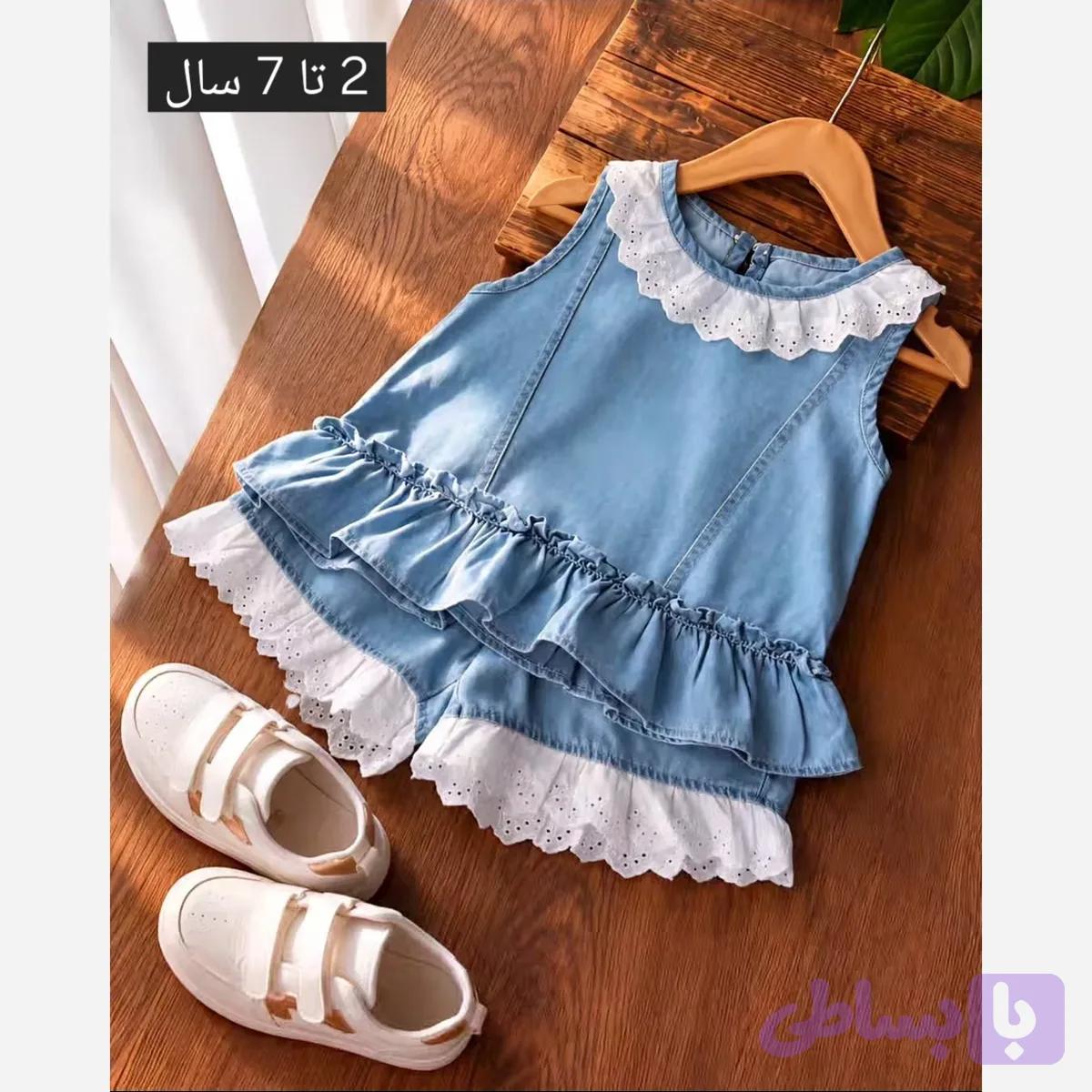 ست تاپ و شورتک جین دانتل دار دخترانه خنک مناسب 1.5 تا 7 سال