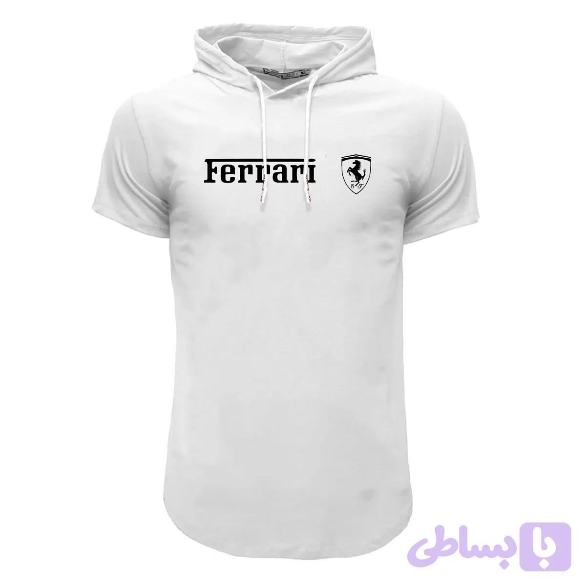 تیشرت کلاه دار آستین کوتاه مردانه طرح فراری نخی اعلا رنگ سفید سایز L XL 2XL