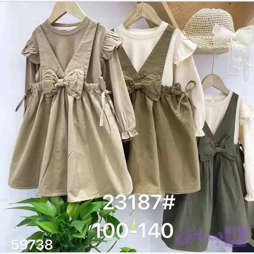 ست بلوز و سارافون کتان دخترانه وارداتی مناسب 4 تا 11 سال