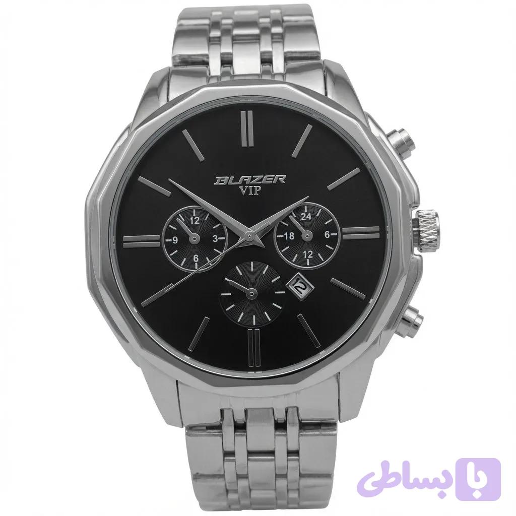 ساعت مردانه بلیزر استیل صفحه مشکی طرح سه موتور رفرانس 3139 تقویم دار