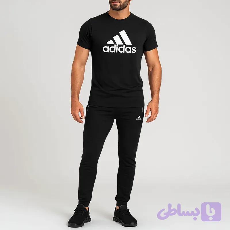 ست تیشرت و شلوار راحتی مردانه رنگ مشکی جنس نخ آستین کوتاه دو تکه