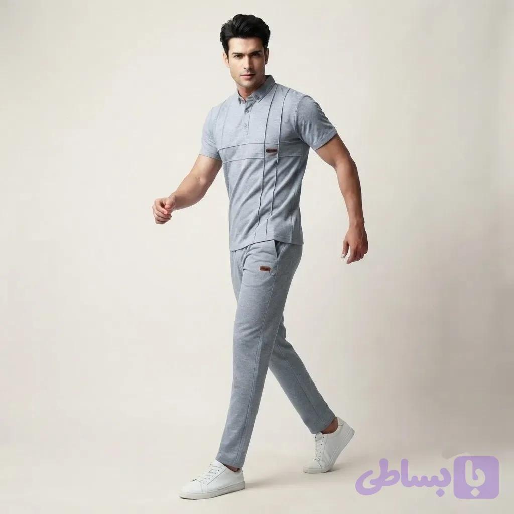 ست پولوشرت و شلوار مردانه مدل یقه فرنچ دو دکمه رنگ آبی یخی نخ پنبه ملانژ