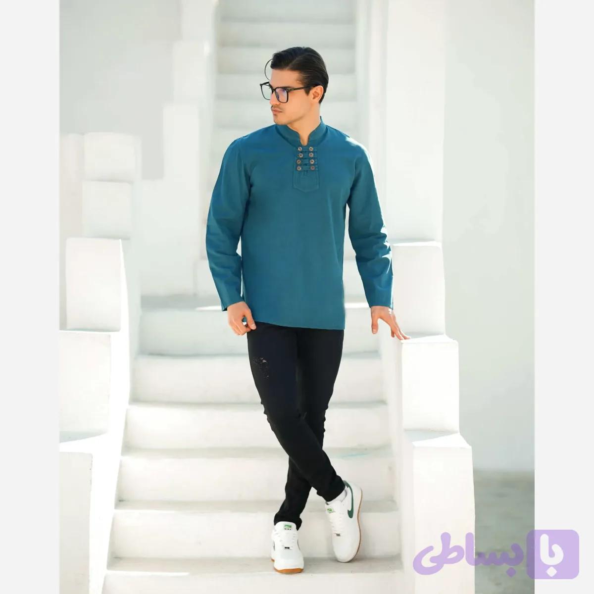 پیراهن مردانه الیاف طبیعی 100 درصد پنبه مدل 8 دکمه رنگ آبی درباری