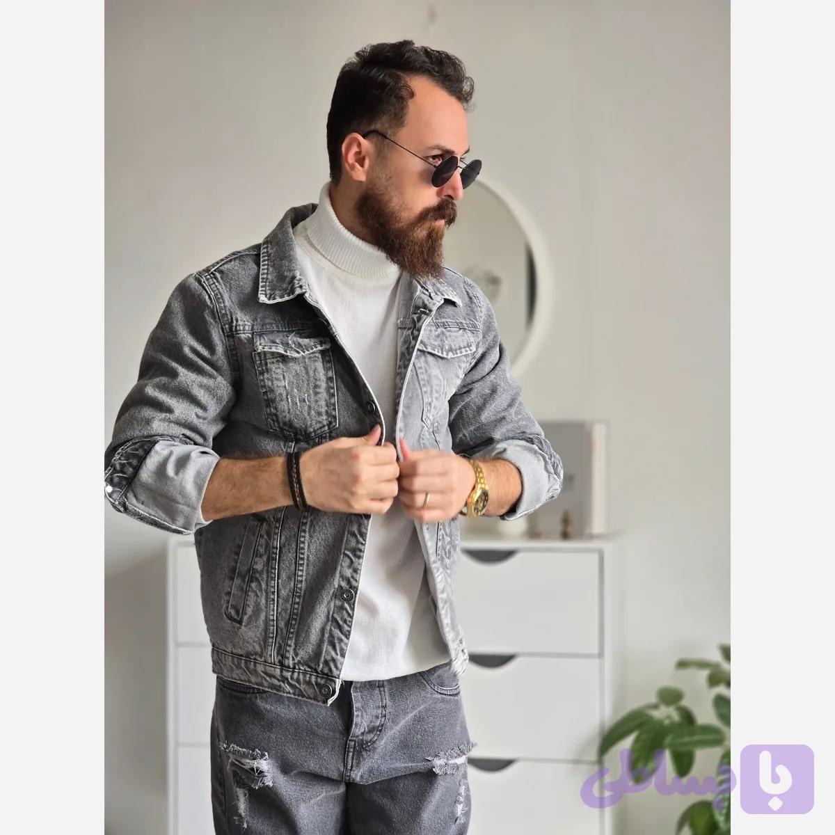 کت جین مردانه پارچه ترک رنگ طوسی تمام کش و قواره دار سایز M تا XXL