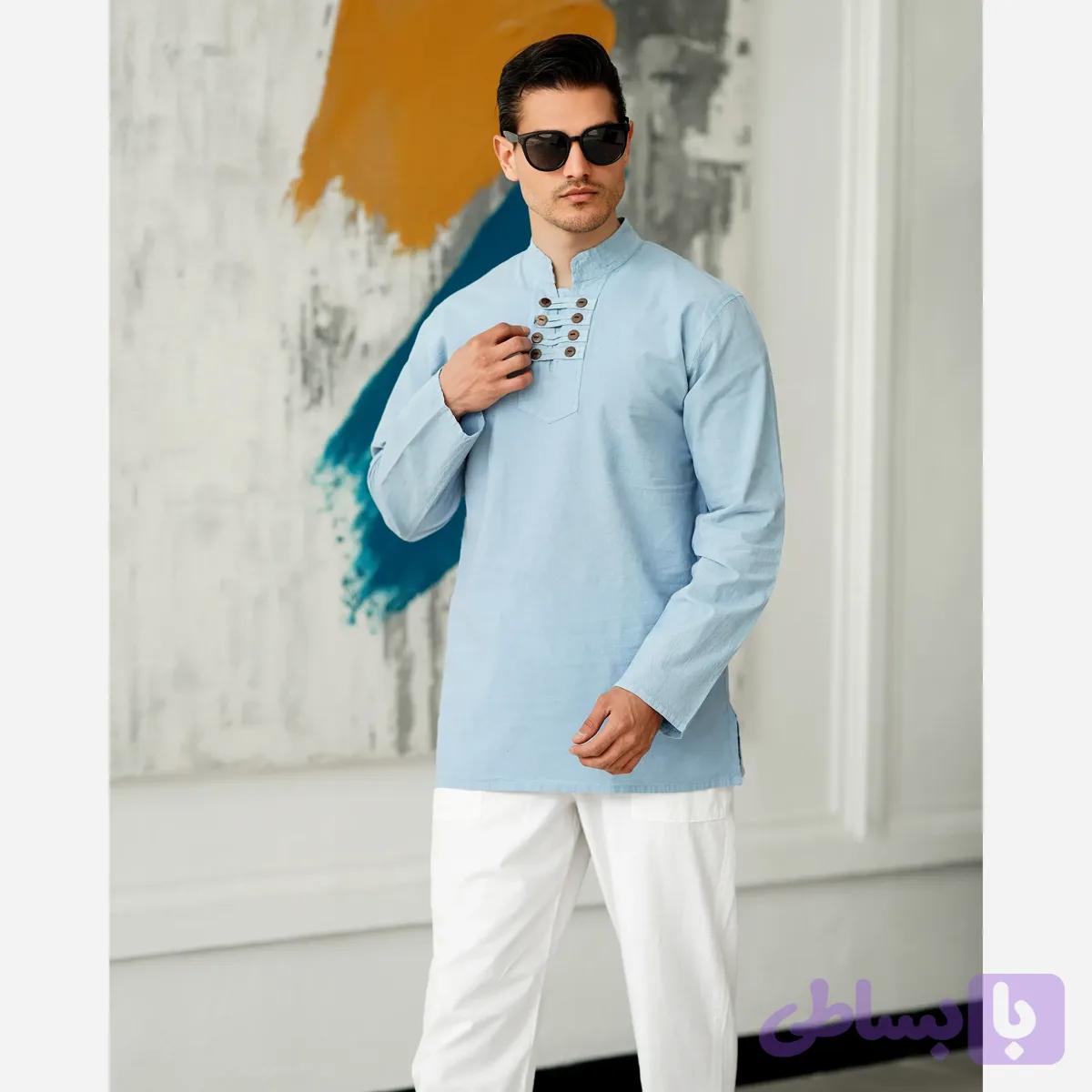 پیراهن مردانه الیاف طبیعی 100 درصد پنبه مدل آرشا رنگ آبی یخی