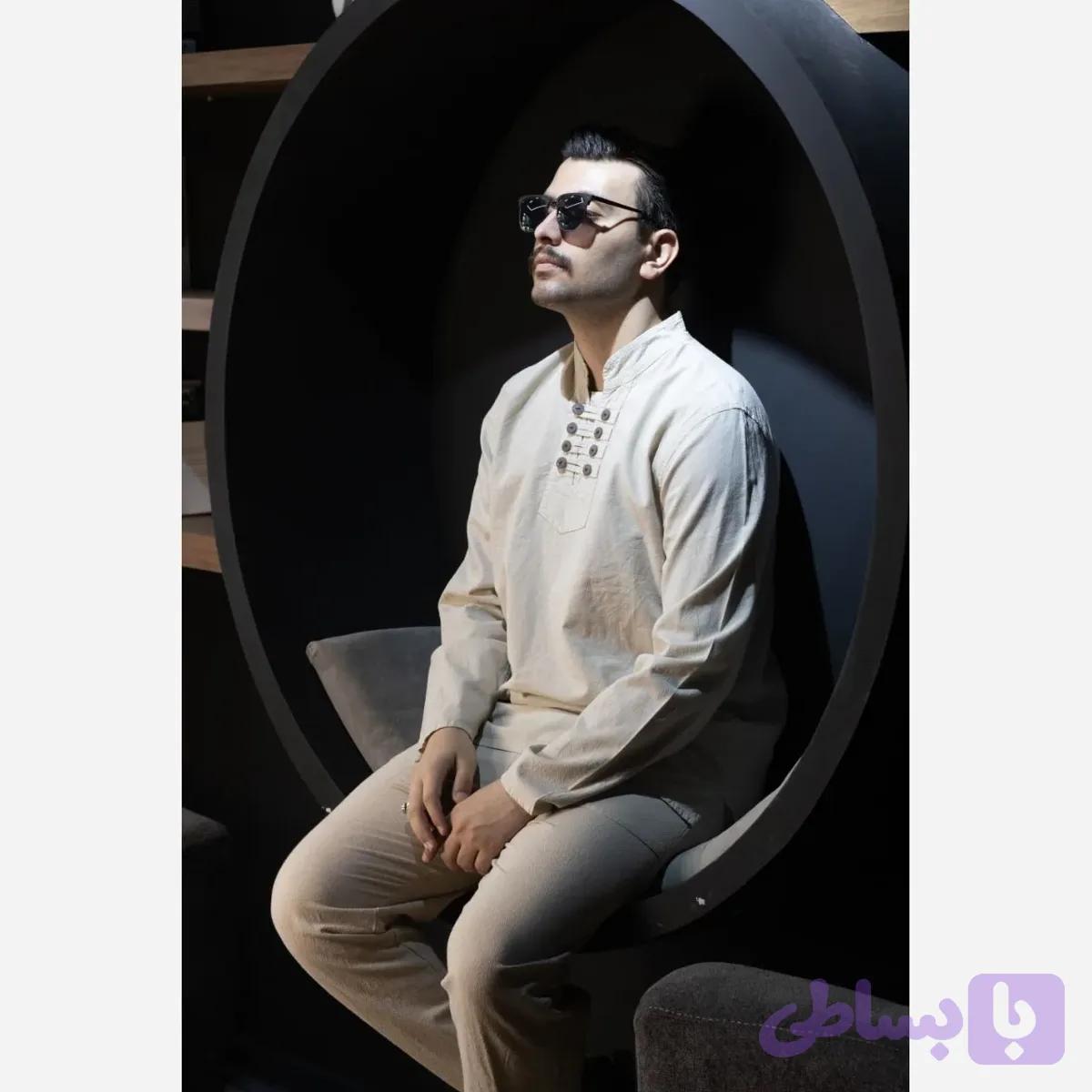 پیراهن مردانه الیاف طبیعی 100 درصد پنبه مدل هشت دکمه رنگ استخوانی