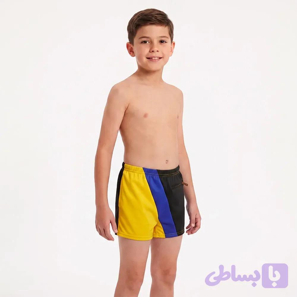 شورت مایو پسرانه طرح پرچمی رنگ زرد سایز 4 تا 16 سال