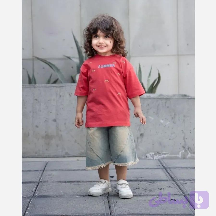 تیشرت و شلوارک جین کاغذی دخترانه طرح گیلاس سایز 35 و 40