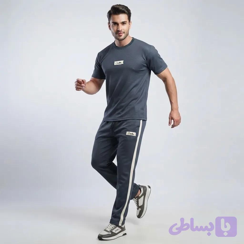 ست تیشرت و شلوار مردانه پارچه بیسکویتی رنگ طوسی