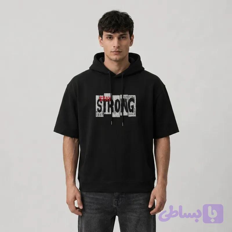 تی شرت مردانه کلاه دار مشکی نخی طرح حروف مدل STRONG