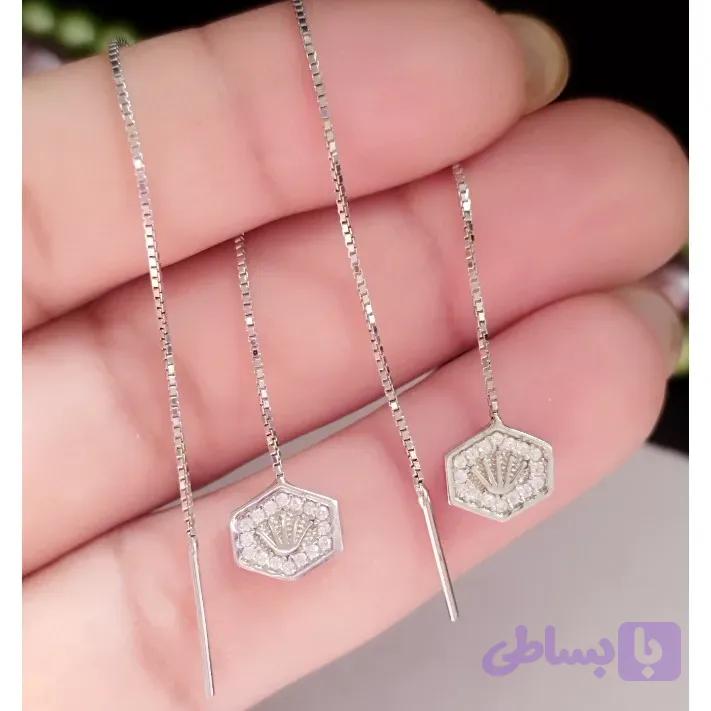 گوشواره نقره بخیه ای طرح قلب با روکش طلا سفید عیار 925