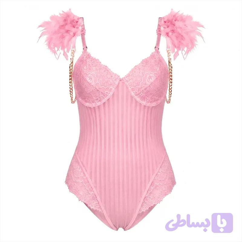 لباس خواب بادی زنانه رزوتی مدل توری راه راه با کاپ دانتل مژه ای و سرشانه پر و زنجیردار