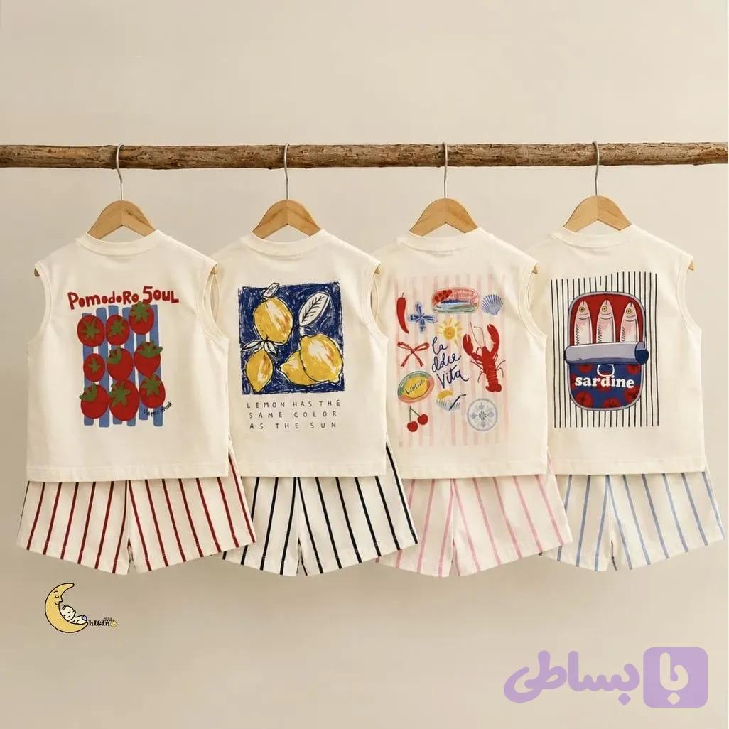تاپ و شلوارک نخی دخترانه و پسرانه طرح راه راه تابستانی سایز 2 تا 6 سال