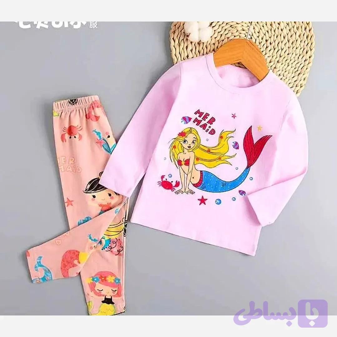 ست بلوز و شلوار راحتی دخترانه طرح پری دریایی جنس نخ پنبه سایز 3 تا 7 سال