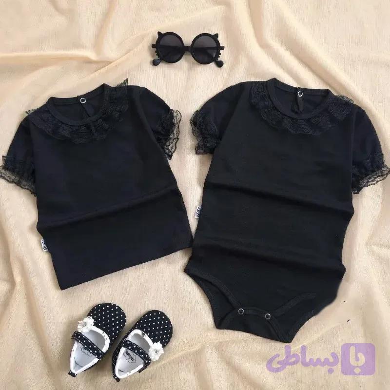 بادی یقه گیپور مشکی نوزادی دخترانه ست محرمی پنبه با کیفیت سایز بندی کامل