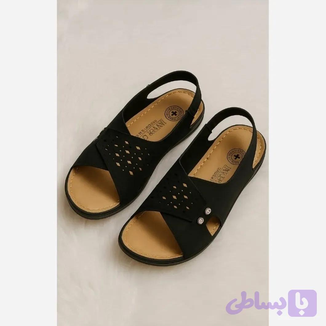 صندل طبی زنانه چرم خارجی مشکی مدل آتوسا