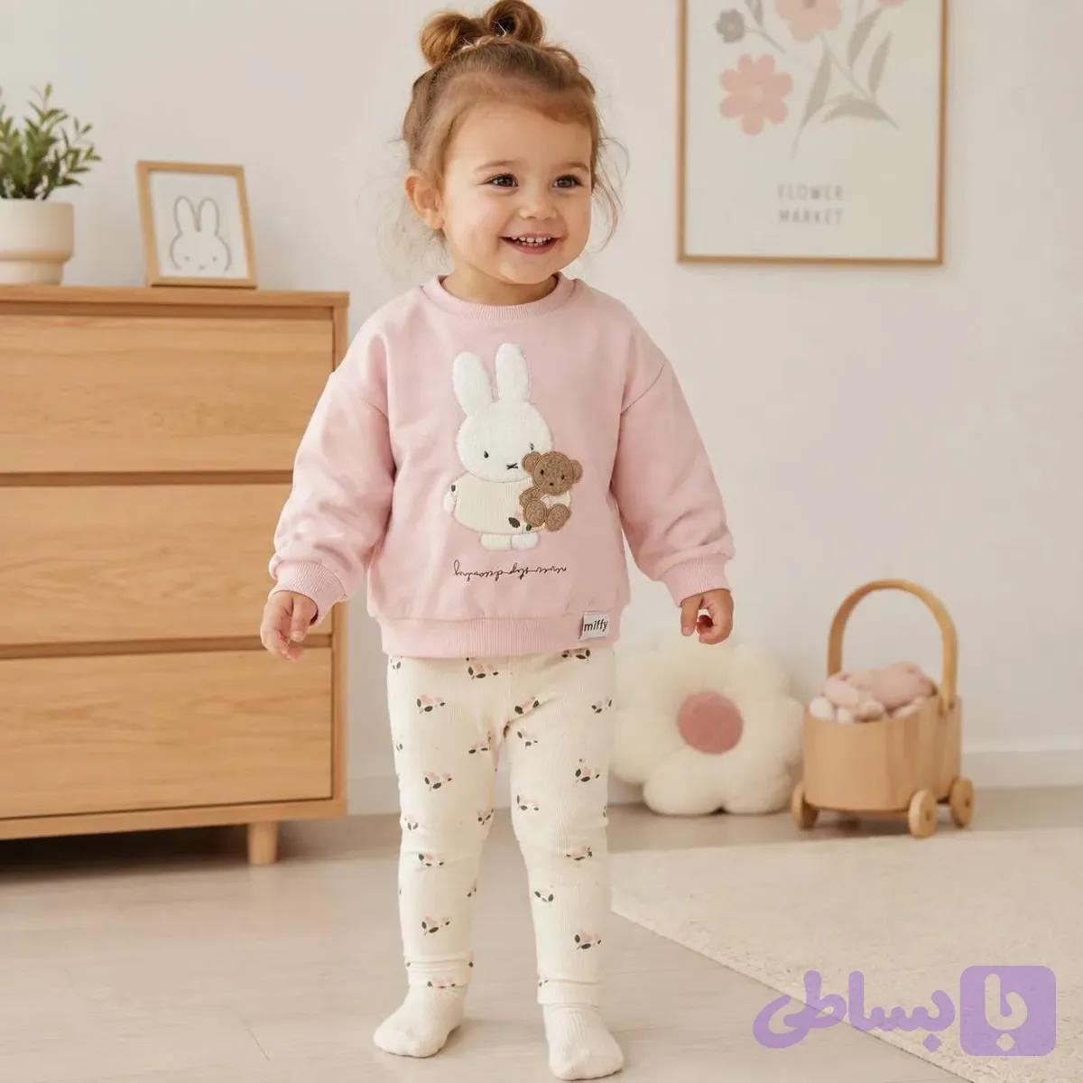 ست پاییزه بچگانه بلوز دورس و شلوار دخترانه ایندیگو طرح خرگوش سایز 6 ماه تا 3 سال