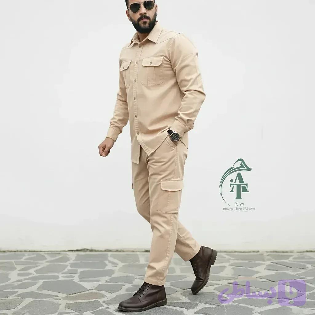 ست پیراهن و شلوار کتان مردانه مدل یاشیل رنگ نخودی