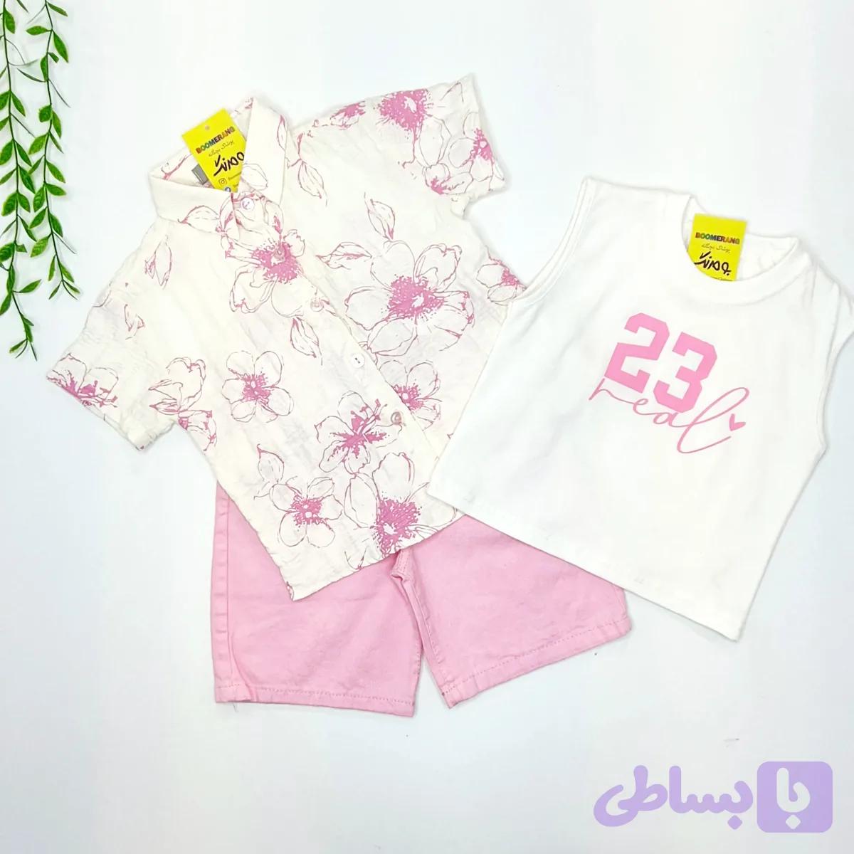 ست 3 تکه اسپرت دخترانه تاپ پنبه و شلوارک کتان رنگ صورتی سایز 9 ماه تا 6 سال