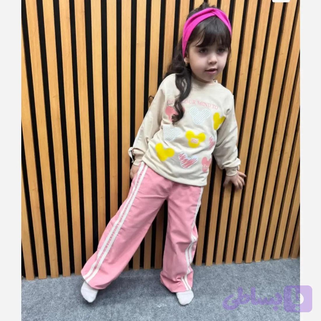 ست بلوز و شلوار دخترانه مخمل طرح کیتی رنگ صورتی کرم