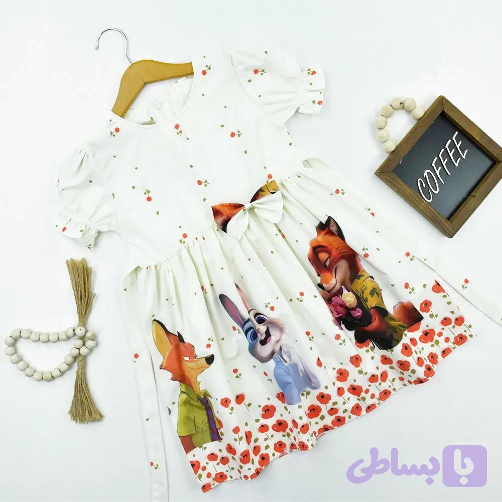 سارافون دخترانه عروسکی طرح خرگوش جنس بوگاتی رنگ شیری