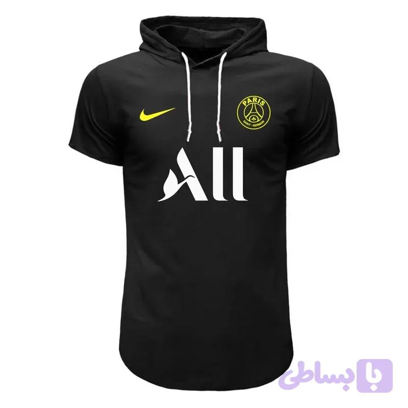 تیشرت کلاه دار مردانه طرح پاریس رنگ مشکی جنس نخی اعلا سایز L و XL و 2XL