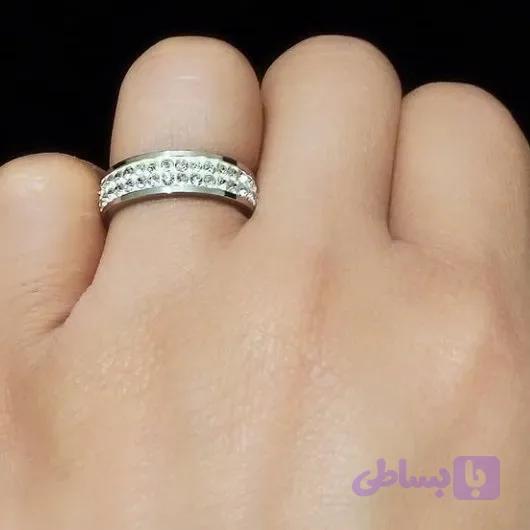 انگشتر حلقه استیل زنانه دور نگین رنگ نقره ای ضد حساسیت