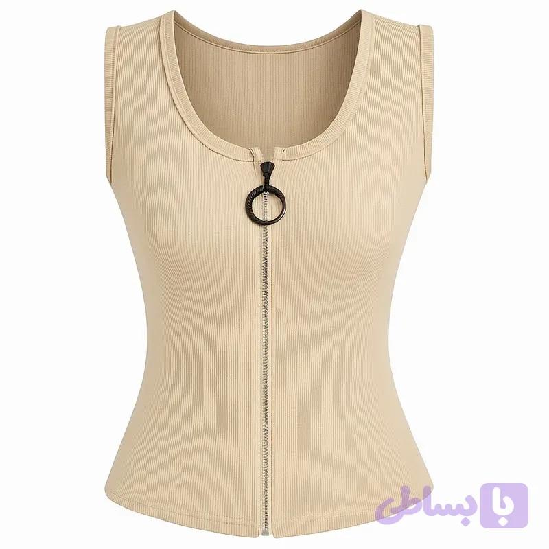 تاپ زنانه مدل تارا یقه گرد بدون آستین روی کمر الیاف مصنوعی ساده اسپرت روزمره مهمانی