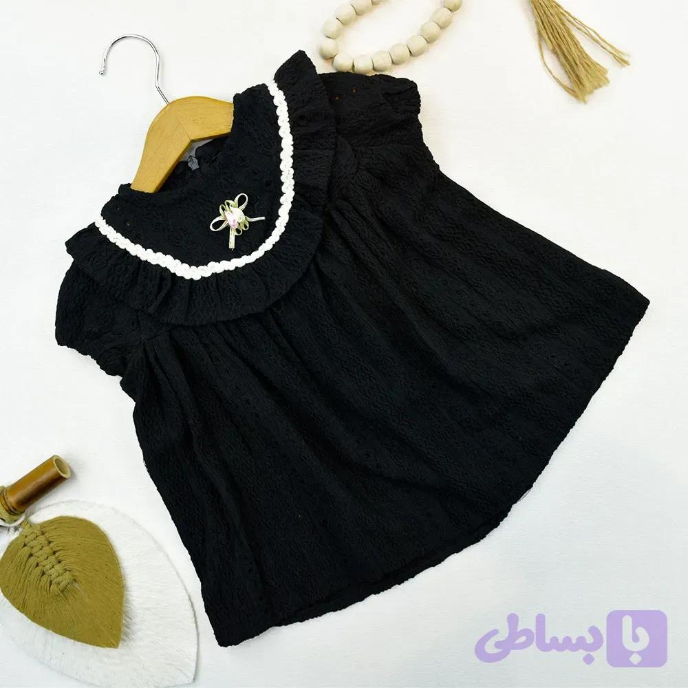 سارافون دخترانه کتان کنفی مشکی یقه چین دار کد 11604