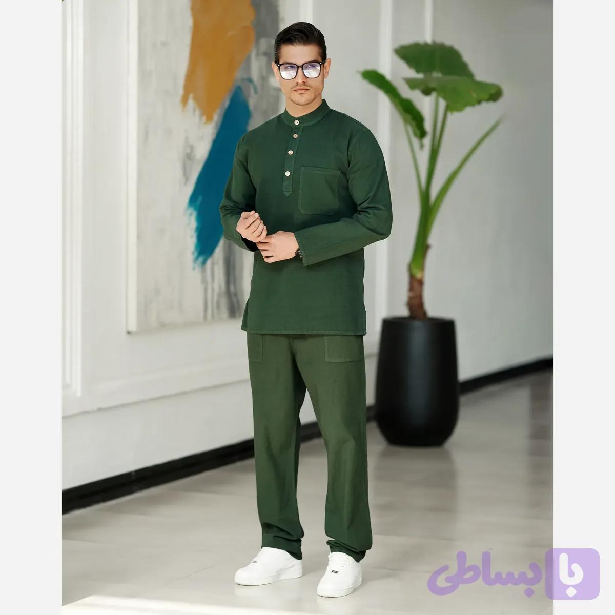 شلوار مردانه الیاف طبیعی مدل سهند رنگ سبز لجنی صد در صد پنبه