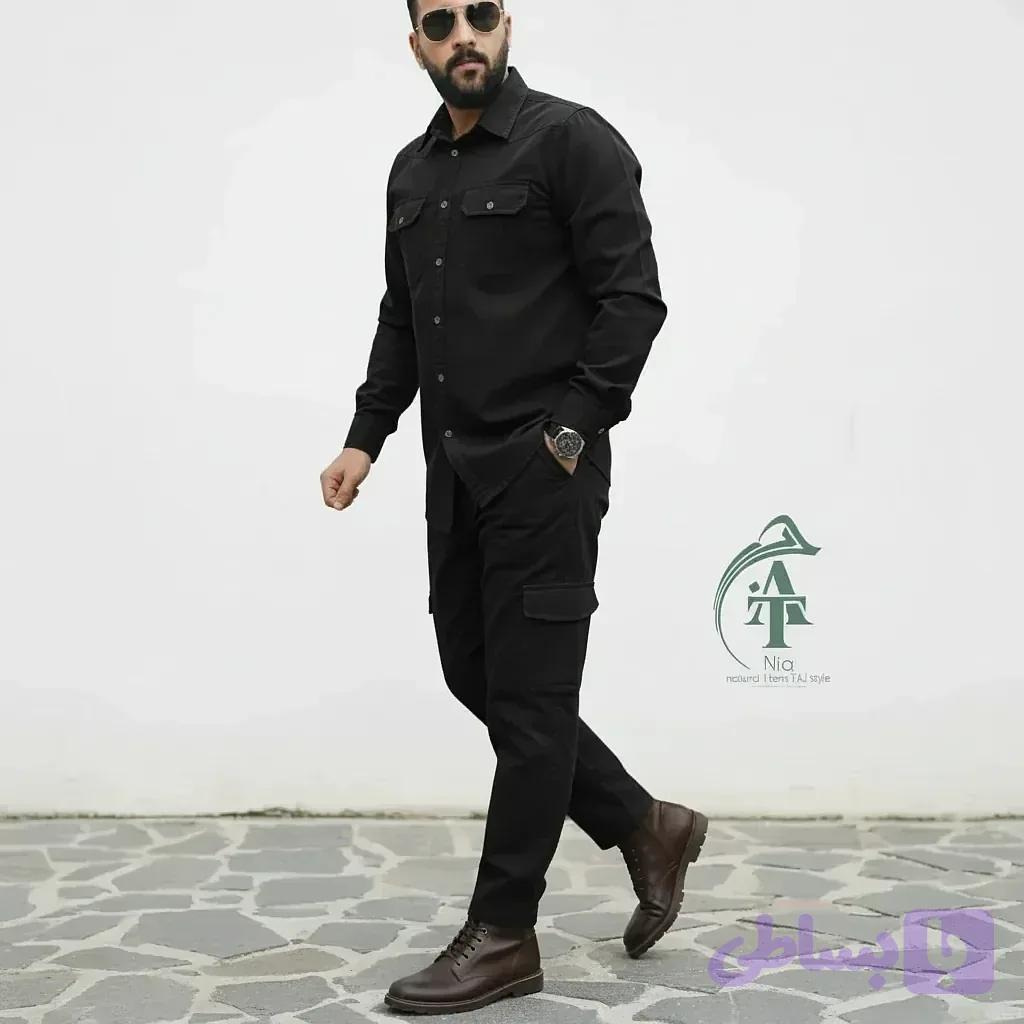 ست پیراهن و شلوار کتان مردانه مدل یاشیل رنگ مشکی
