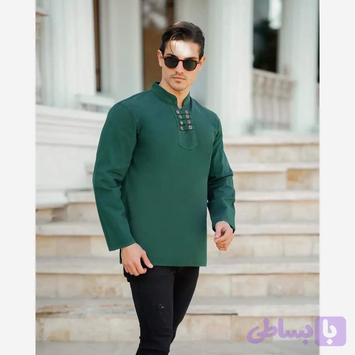 پیراهن مردانه الیاف طبیعی 100 درصد پنبه مدل هشت دکمه رنگ سبز لجنی