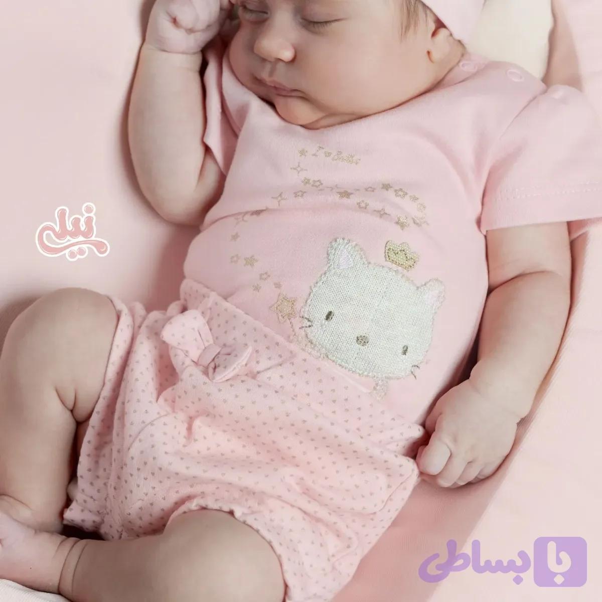 ست لباس پنبه نوزادی نیلی طرح بالرین آستین کوتاه و شلوار