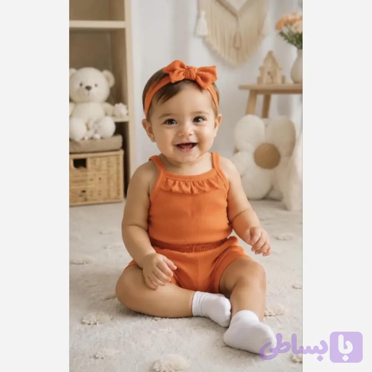 ست سه تیکه نوزادی دخترانه تاپ و شورت و هدبند پنبه ای