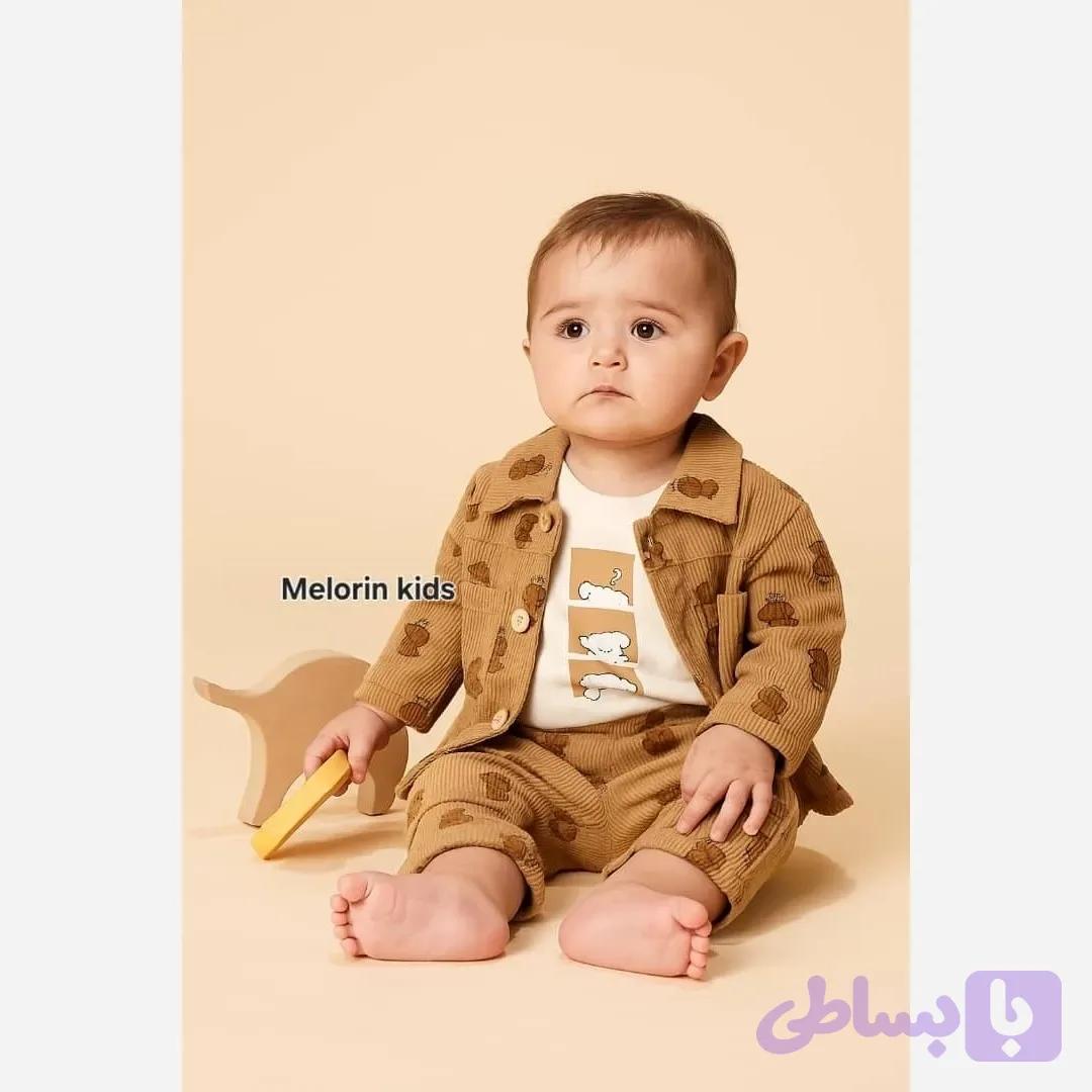 ست 3 تکه کت و شلوار و بلوز دخترانه مخمل کبریتی و پنبه نسکافه ای سایز 6 ماه تا 2 سال