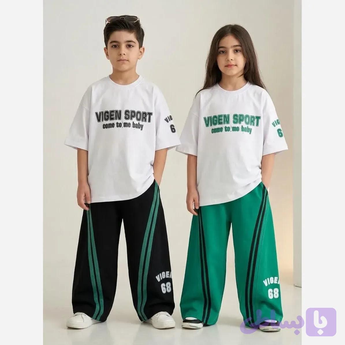 ست تیشرت و شلوار اسپرت خواهر برادری رنگ مشکی و سبز جنس پنبه یک رو و گلگسی سایز 50 تا 65