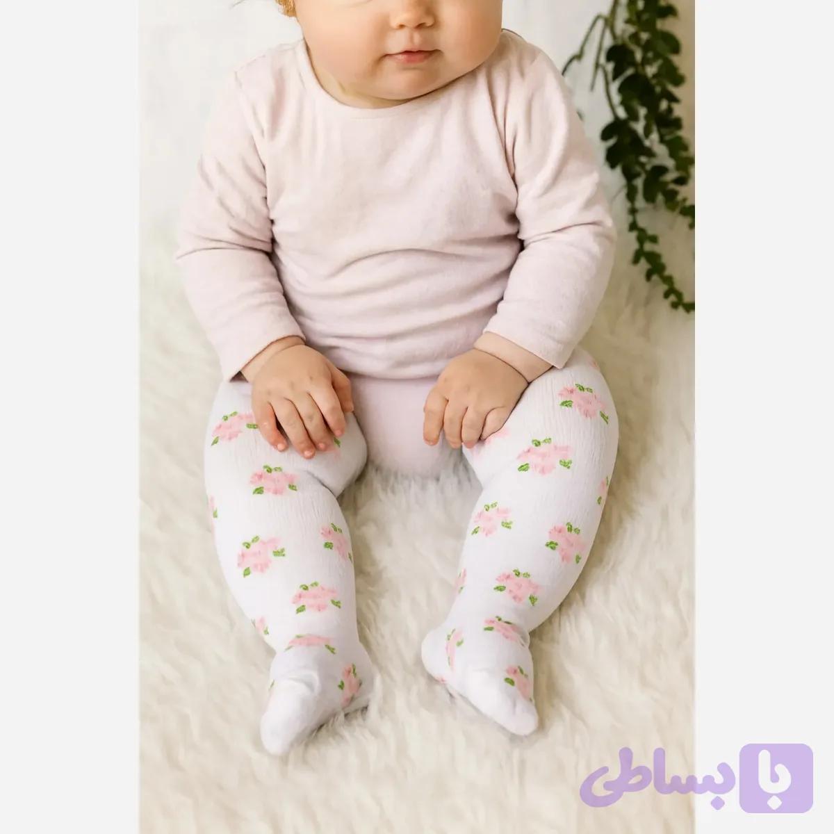جوراب شلواری گلدار نوزادی طرحدار دخترانه پنبهای سایز 0 تا 12 ماه