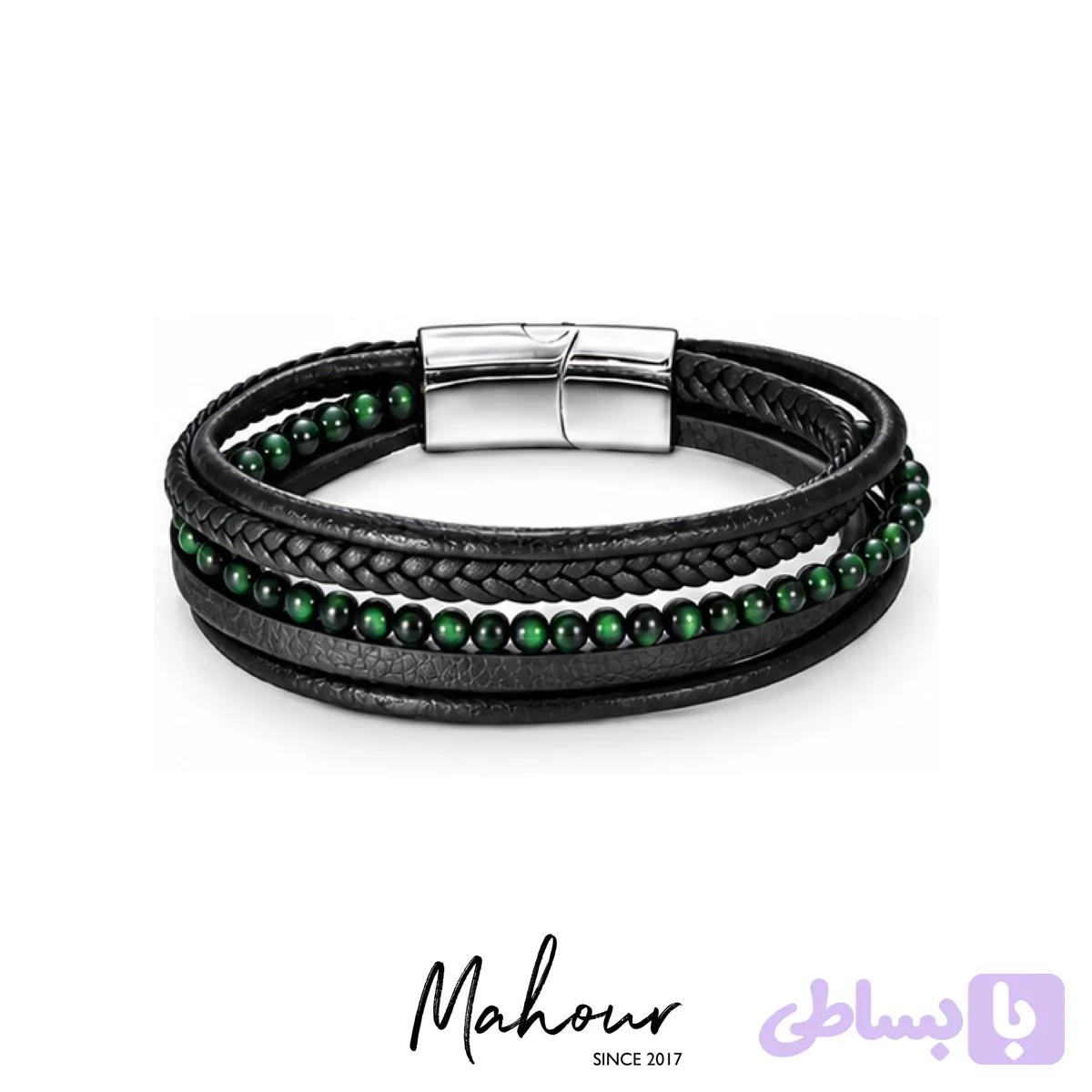 دستبند چرم بافت و سنگ چشم ببر سبز کد MST1003 — تصویر 1