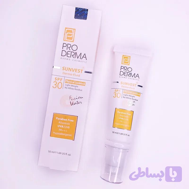 فلوئید ضد آفتاب فاقدجاذب های شیمیایی پرودرما PRO DERMA مناسب پوست معمولی و حساس spf 30 حجم 50 میل 92389