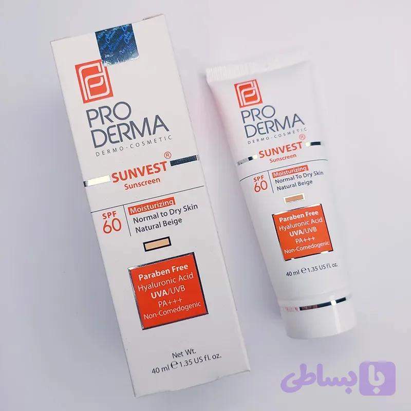 کرم ضدآفتاب رنگی و مرطوب کننده پرودرما PRODERMA بژ طبیعی spf 60 مناسب پوست معمولی و خشک حجم 40 میل 92383
