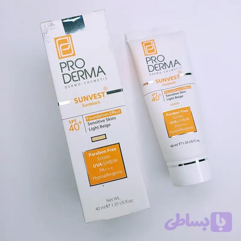 کرم ضدآفتاب رنگی فاقد اسانس کرم پودری پرودرما PRODERMA بژ روشن spf 40 مناسب پوست حساس حجم 40 میل 92379
