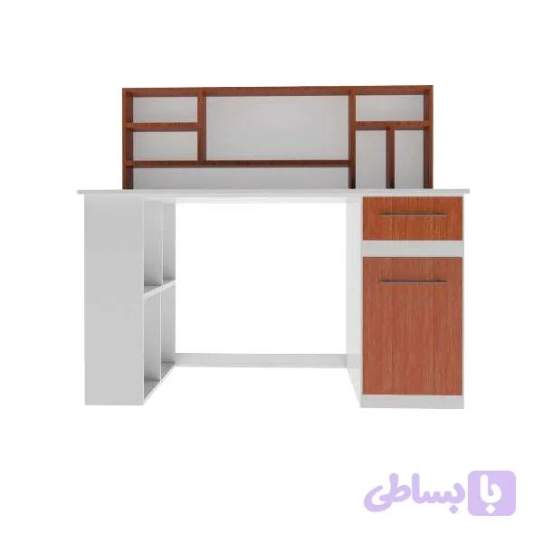 میز تحریر ملامینه ۱۲۰×۴۵ با یک کشو و پایه کتابخانه‌ای یک‌طرفه و کتابخانه کوچک بالایی | طراحی کاربردی و کم‌جا