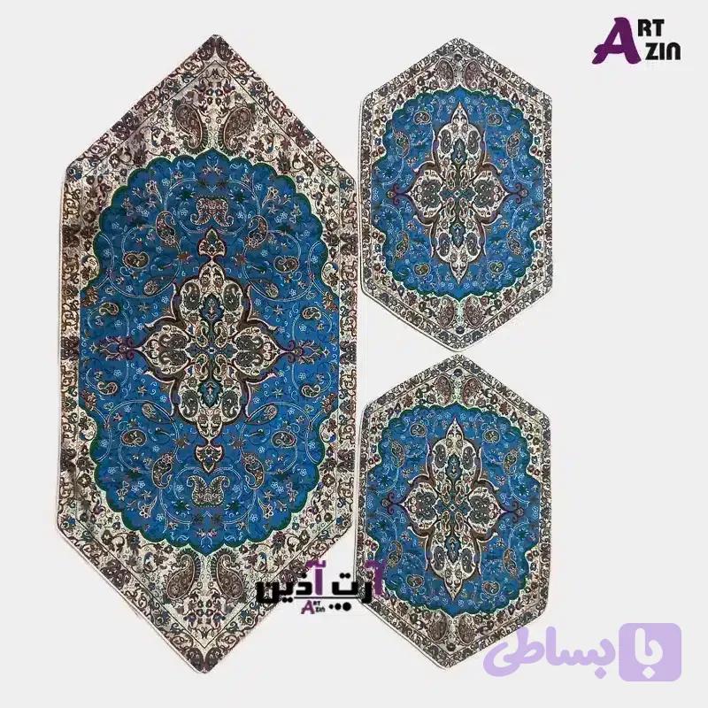 ترمه رومیزی سه تکه یزد رنگ آبی درباری طرح شاه عباسی کد: 1654 — تصویر 1