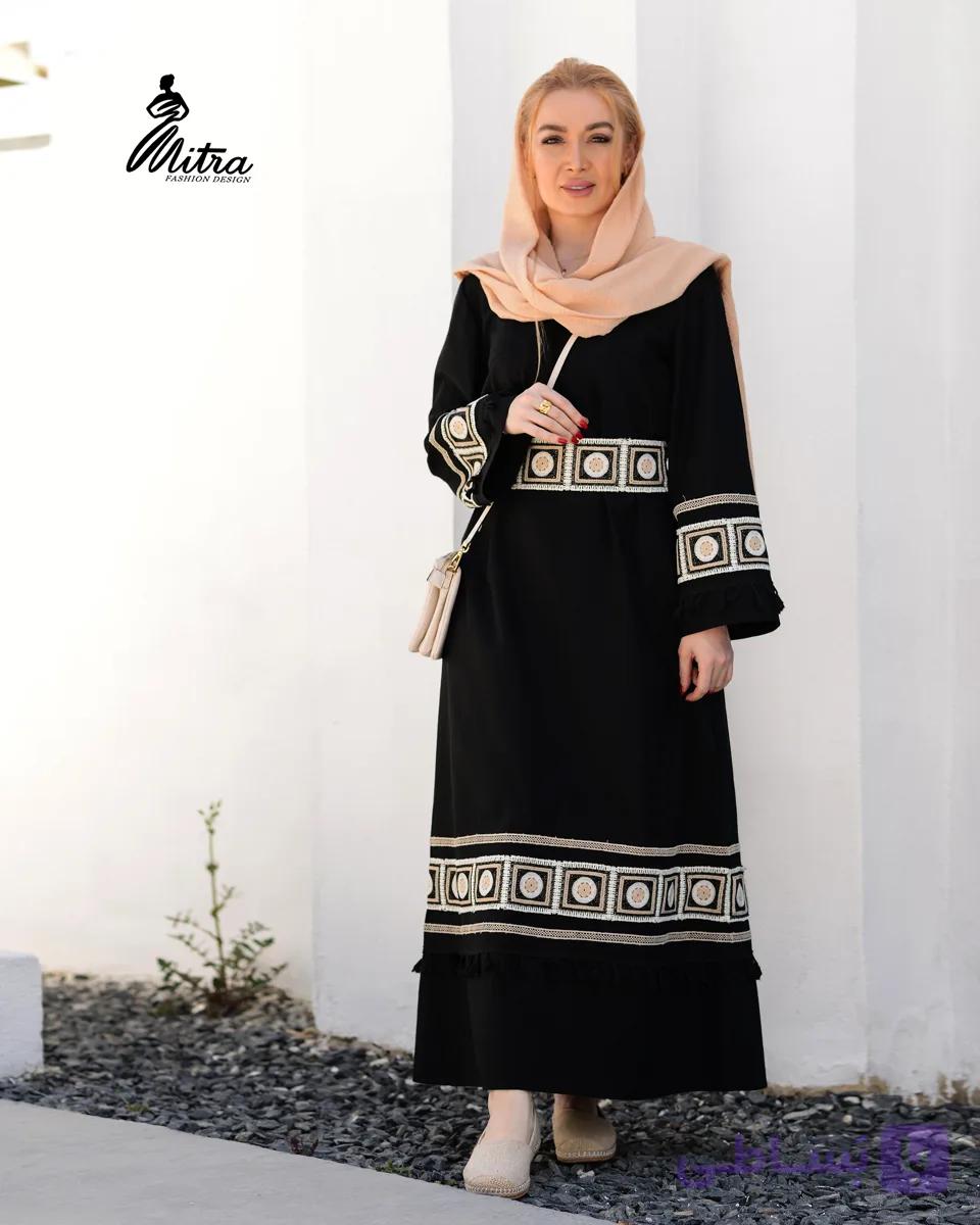 پیراهن بلندجلوبسته زنانه مشکی لینن ترک وارداتی