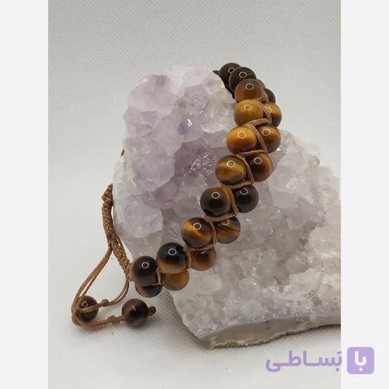 دستبند سنگ چشم ببر درجه یک مردانه با بافت دو ردیفه
