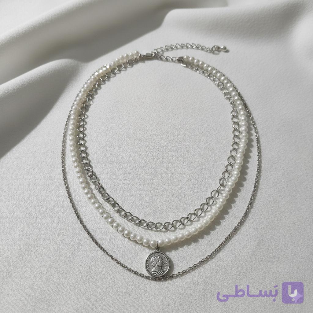 گردنبند سه ردیفه زنجیر و مروارید مدل الیزابت