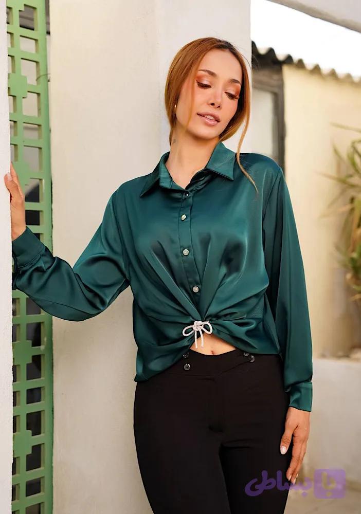 کراپ شومیز مجلسی زنانه جنس ساتن مدل جلو گره