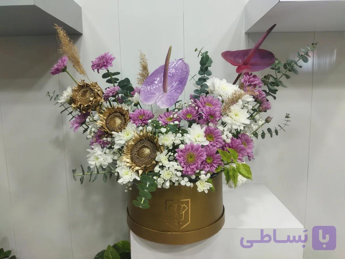 باکس گل طبیعی آنتریوم،کرزنتیا و آفتابگردان